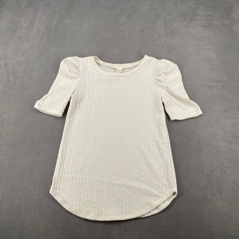 7th Ray Cream Pointelle Knit Puff Sleeve Top T-5074 Ivory Short Sleeve Blouse S